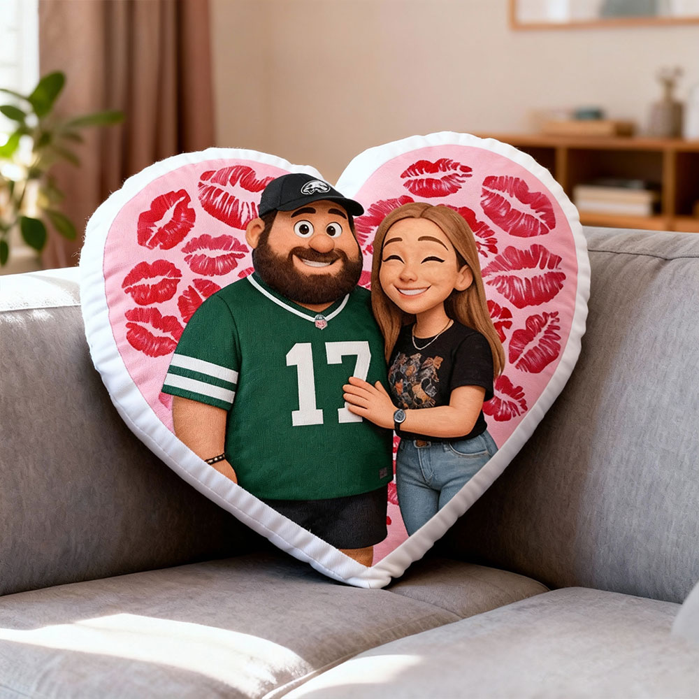 Customized Couple Photo Pillow – Red Heart-Shaped Personalized Lip Print Pillow, The Perfect Valentine's Day Gift.