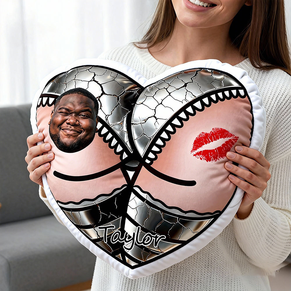 Customized Couple Photo Pillow – Red Heart-Shaped Personalized Pillow With Leather Pants Design, Valentine's Day Gift