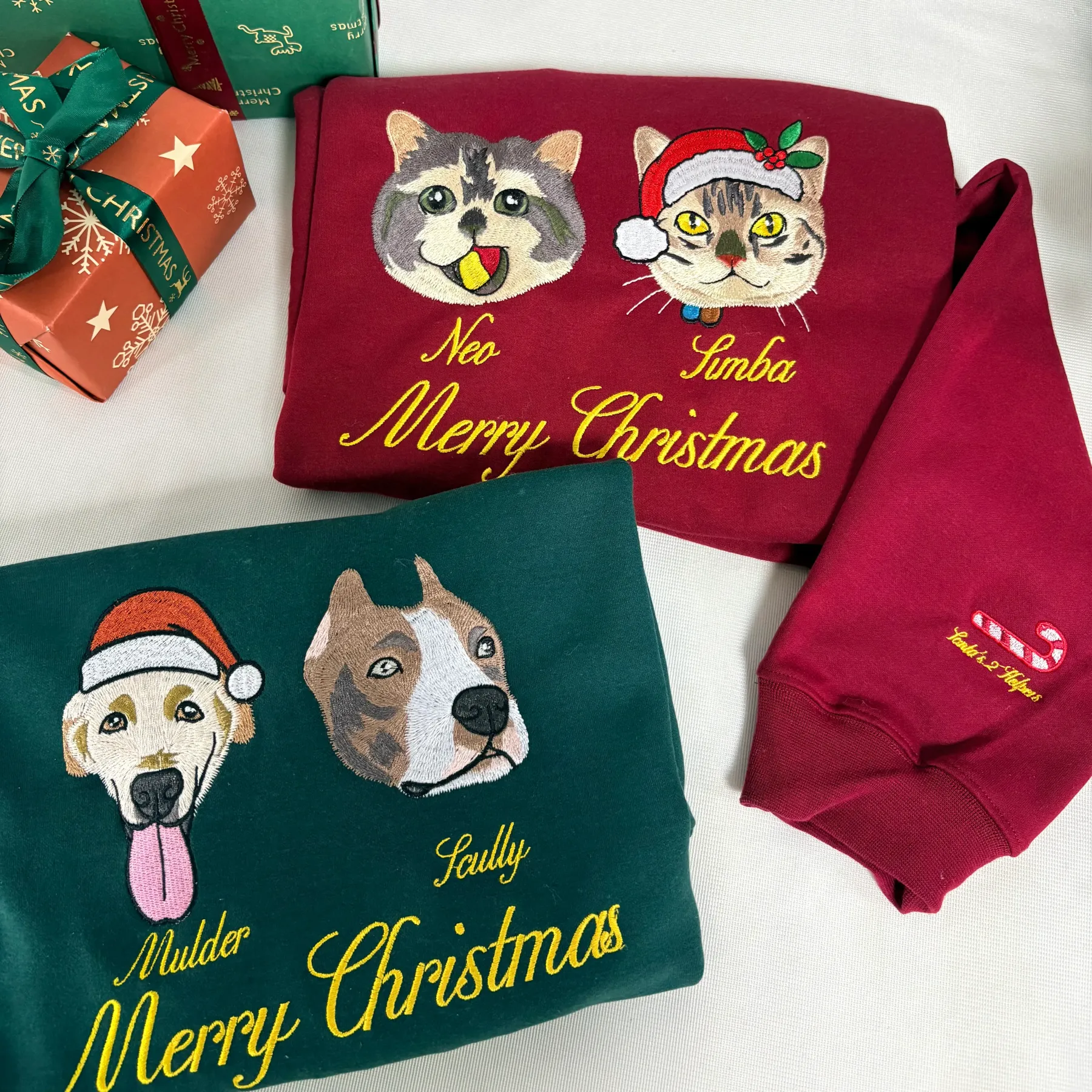 Custom Embroidered Pet Photo Christmas Sweatshirt Hoodie T-shirt Christmas Gift