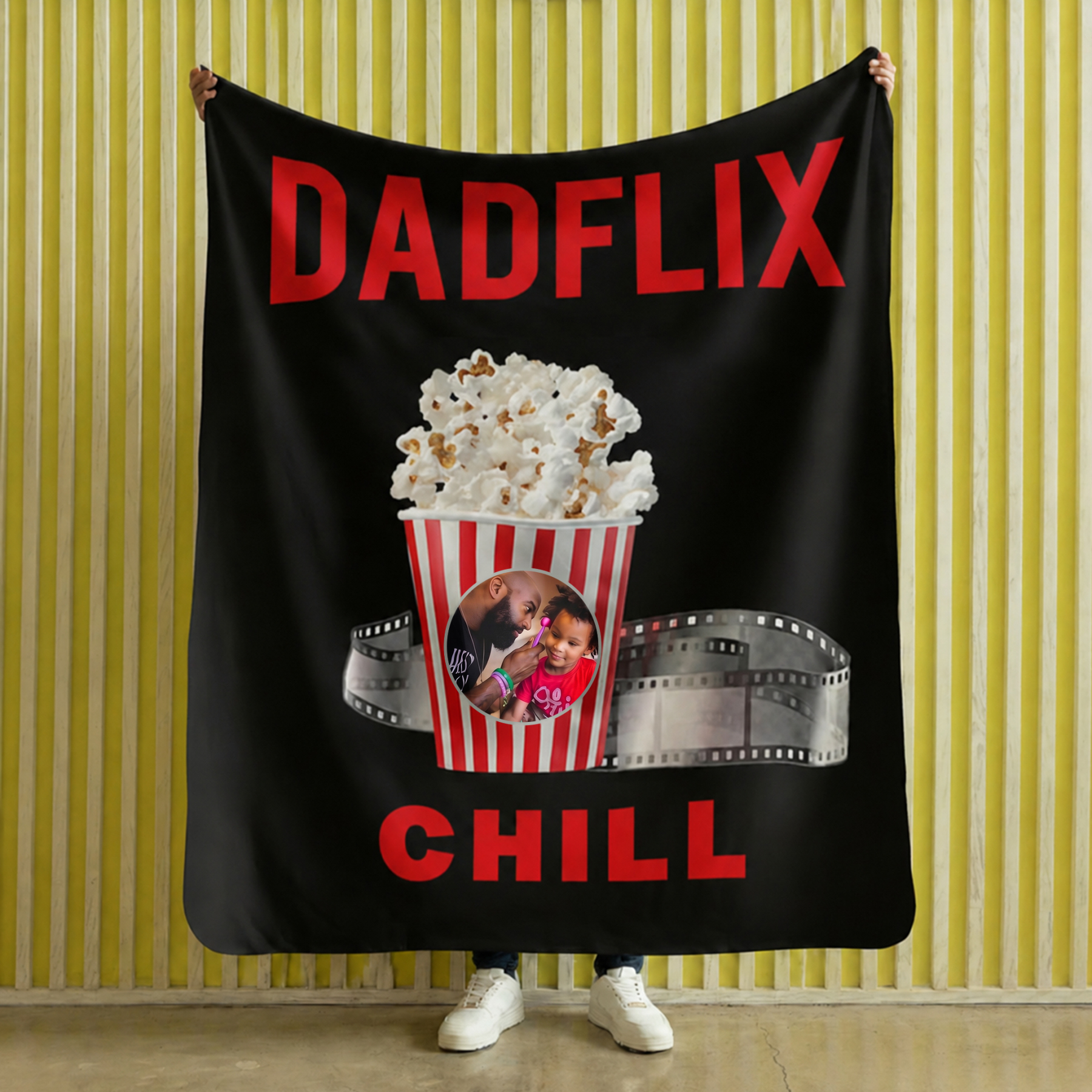 Custom Dadflix Blanket - Personalized Popcorn Bucket Photo Gift for Dad - Father's Day Movie Night Throw