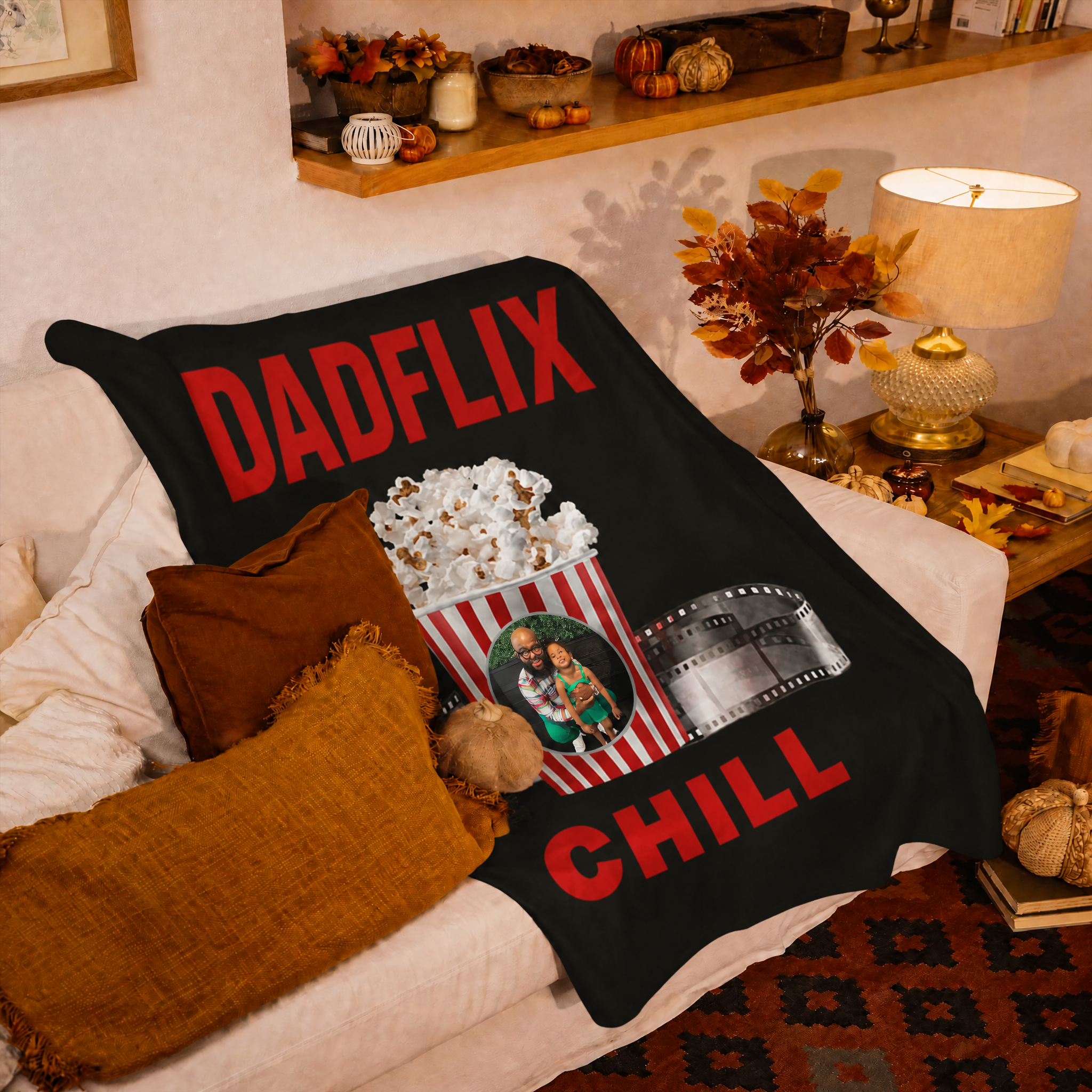 Custom Dadflix Blanket - Personalized Popcorn Bucket Photo Gift for Dad - Father's Day Movie Night Throw