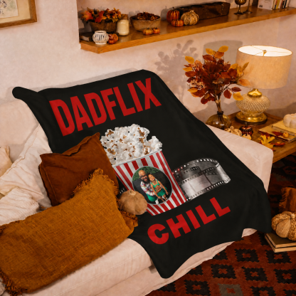 Custom Dadflix Blanket - Personalized Popcorn Bucket Photo Gift for Dad - Father's Day Movie Night Throw