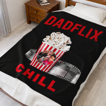 Custom Dadflix Blanket - Personalized Popcorn Bucket Photo Gift for Dad - Father's Day Movie Night Throw