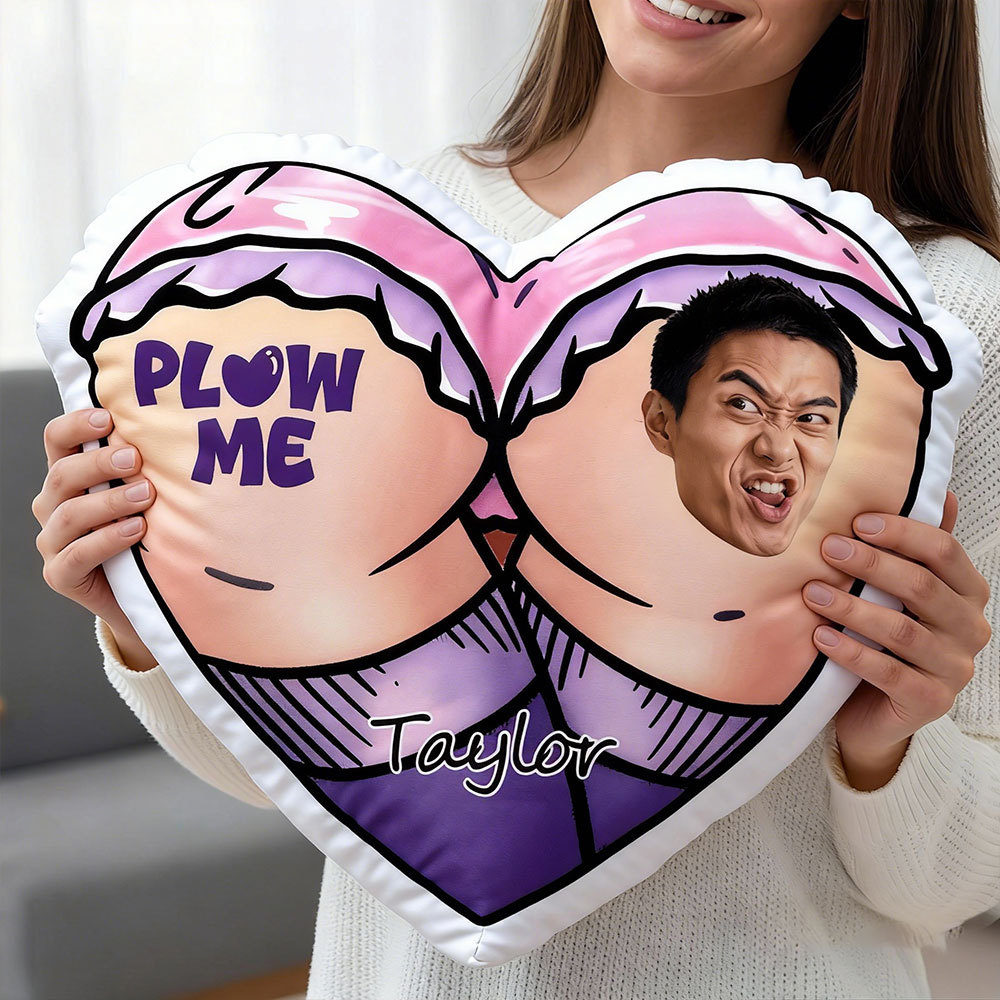 Customized Couple Photo Pillow – Red Heart-Shaped Personalized "Plow Me" Pillow, Valentine's Day Gift