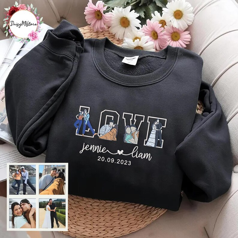 Custom Embroidered Couple Portrait Sweatshirt, Anniversary Gift