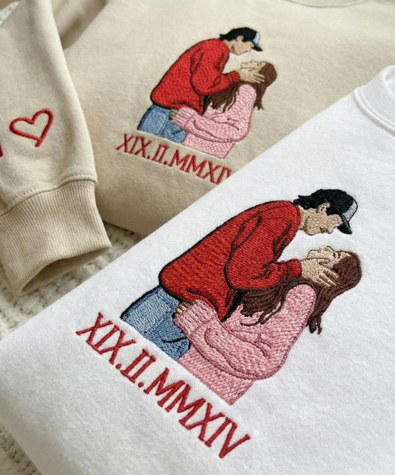 Custom Embroidered Couple Sweatshirts With Portraits - Roman Numerals Can Be Added To The Bottom Of The Photo.
