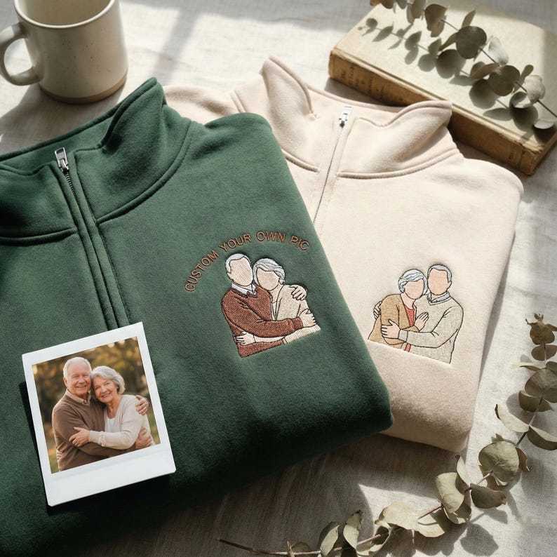 Custom Couple Photo Embroidery Quarter Zip Sweatshirt, Personalized Portrait Gift