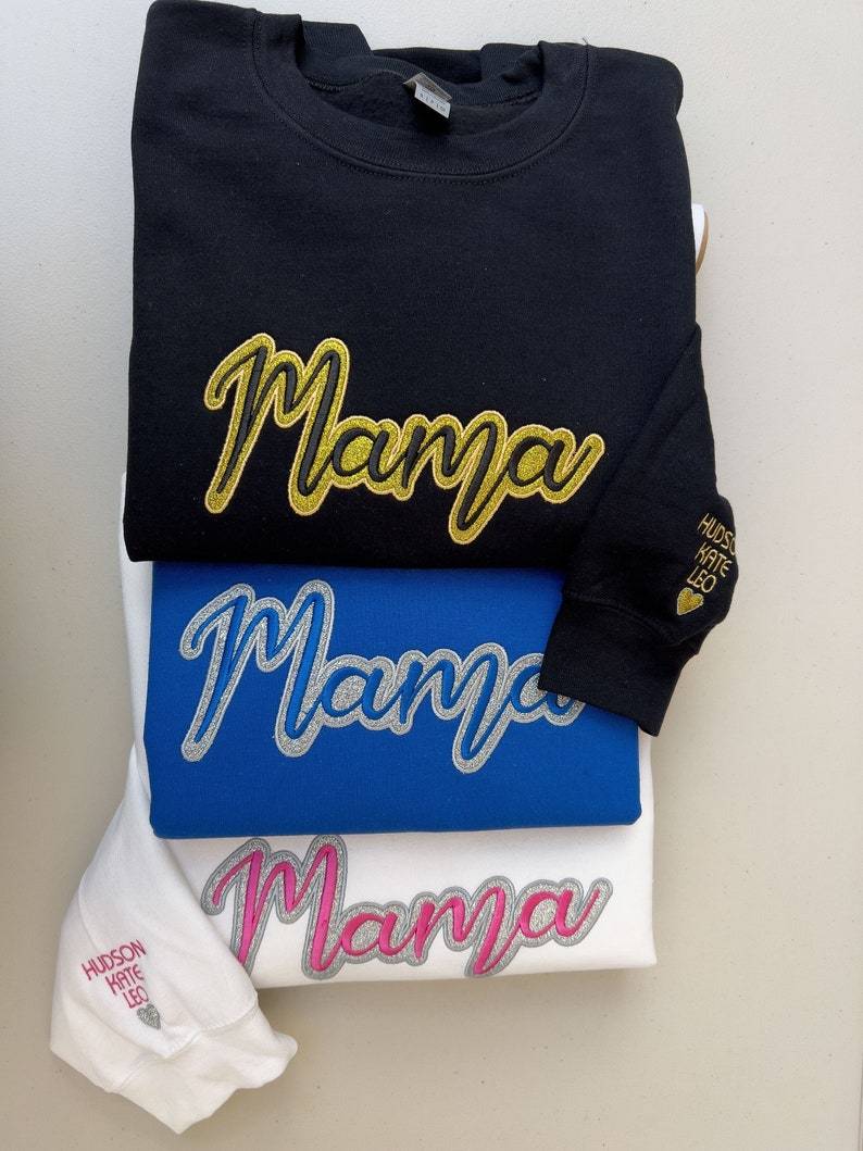 Custom MAMA Glitter Embroidered Sweatshirt With Kids Name On Sleeve
