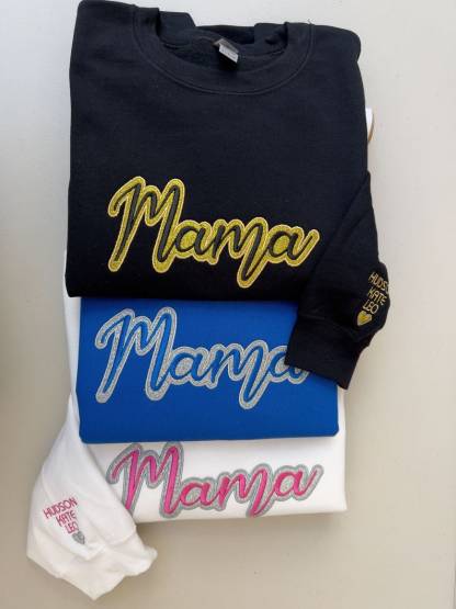 Custom MAMA Glitter Embroidered Sweatshirt With Kids Name On Sleeve