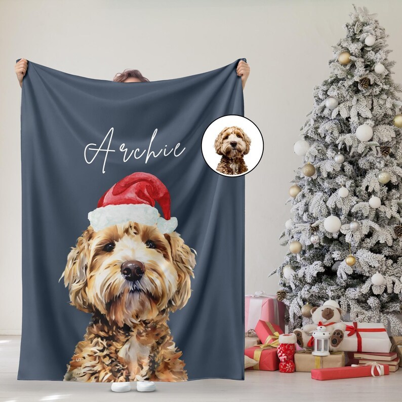 Personalized Watercolor Christmas Pet Portrait Photo Blanket