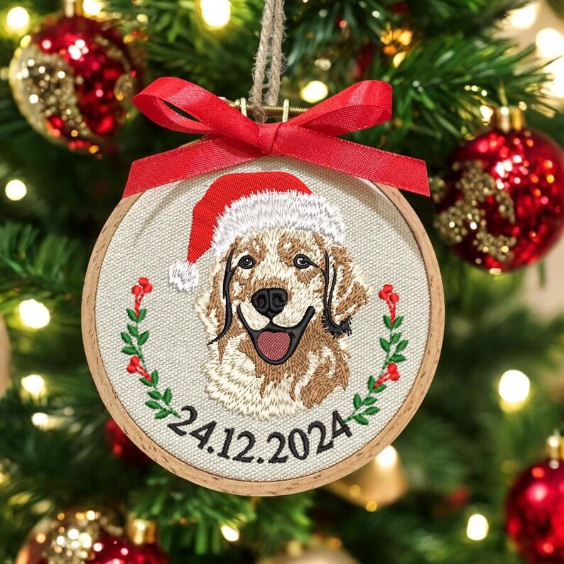 Embroidered Golden Retriever Christmas Ornament, Personalized Name Photo Golden Dog Christmas Decor