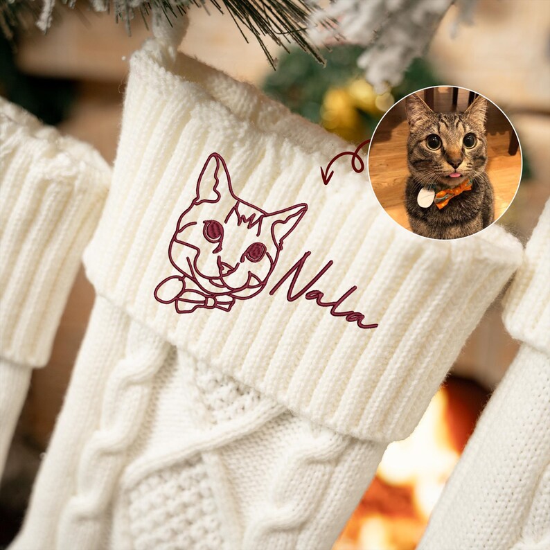 Custom Pet Photo Embroidery Christmas Line Drawing StockingThe Best Gift Ever