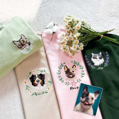 Custom Full Color Embroidered Hoodie/Sweatshirt With Pet Portrait Flower