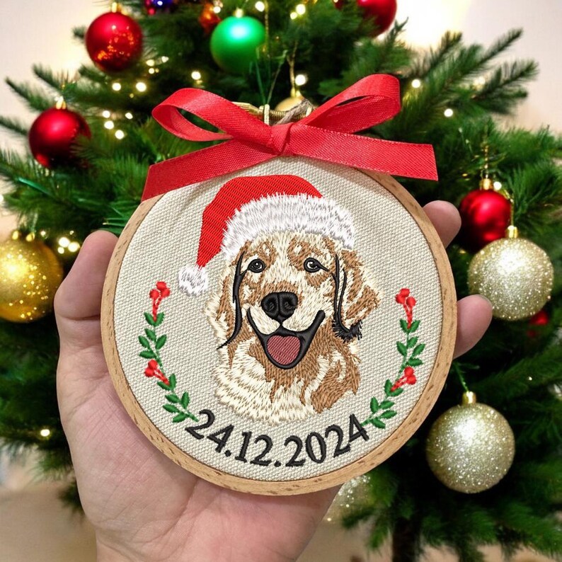 Embroidered Golden Retriever Christmas Ornament, Personalized Name Photo Golden Dog Christmas Decor