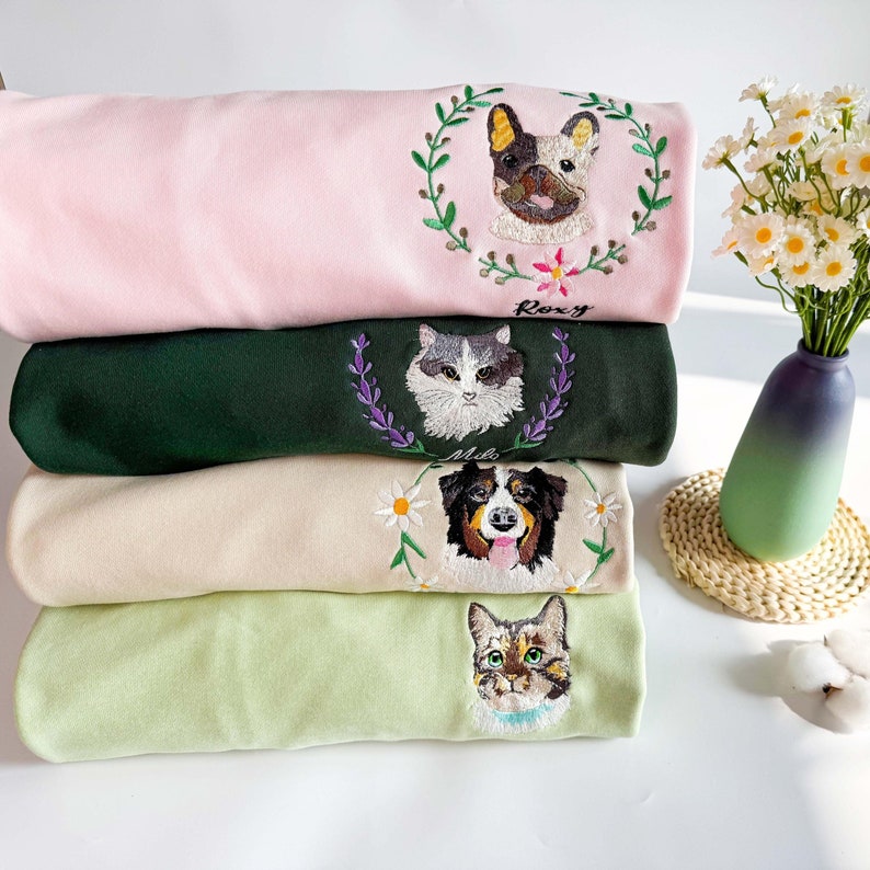 Custom Full Color Embroidered Hoodie/Sweatshirt With Pet Portrait Flower