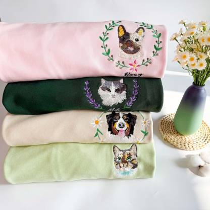 Custom Full Color Embroidered Hoodie/Sweatshirt With Pet Portrait Flower