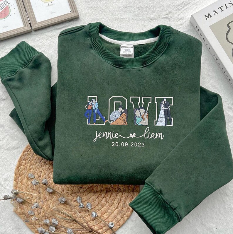 Custom Embroidered Couple Portrait Sweatshirt, Anniversary Gift