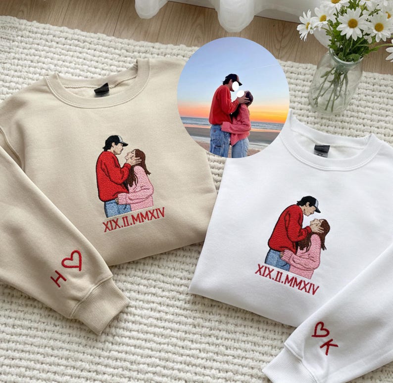 Custom Embroidered Couple Sweatshirts With Portraits - Roman Numerals Can Be Added To The Bottom Of The Photo.