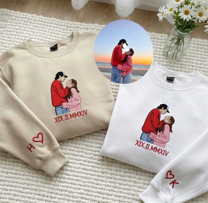 Custom Embroidered Couple Sweatshirts With Portraits - Roman Numerals Can Be Added To The Bottom Of The Photo.