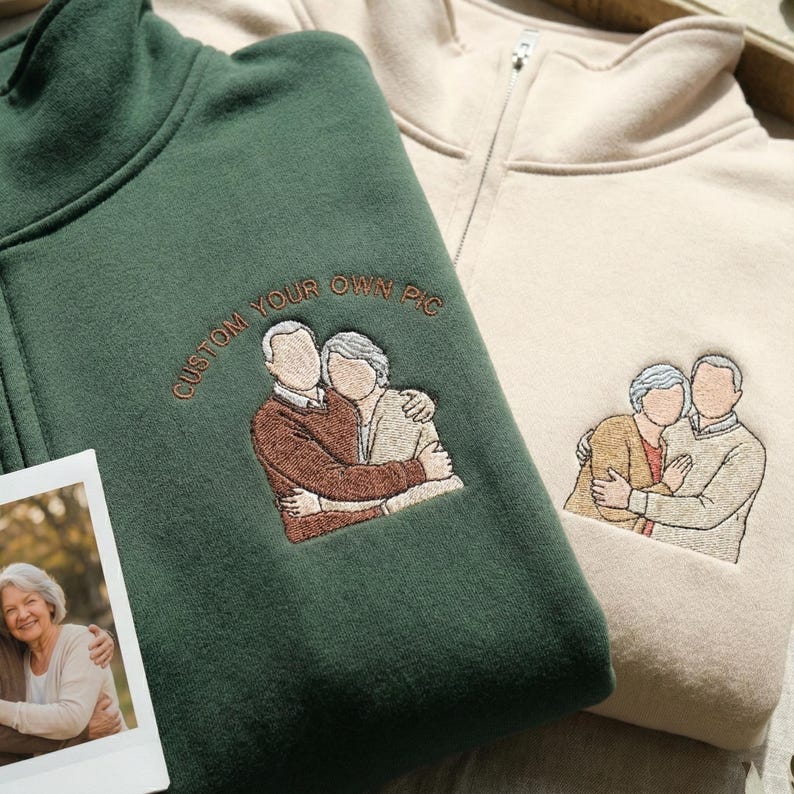 Custom Couple Photo Embroidery Quarter Zip Sweatshirt, Personalized Portrait Gift