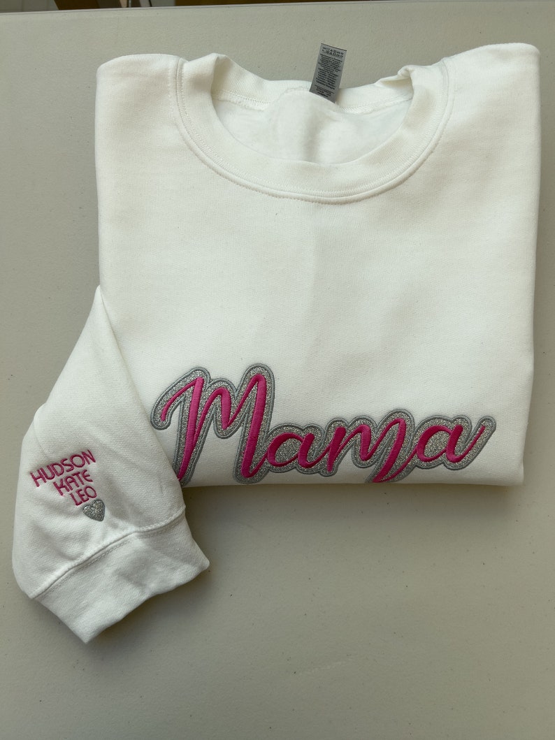 Custom MAMA Glitter Embroidered Sweatshirt With Kids Name On Sleeve