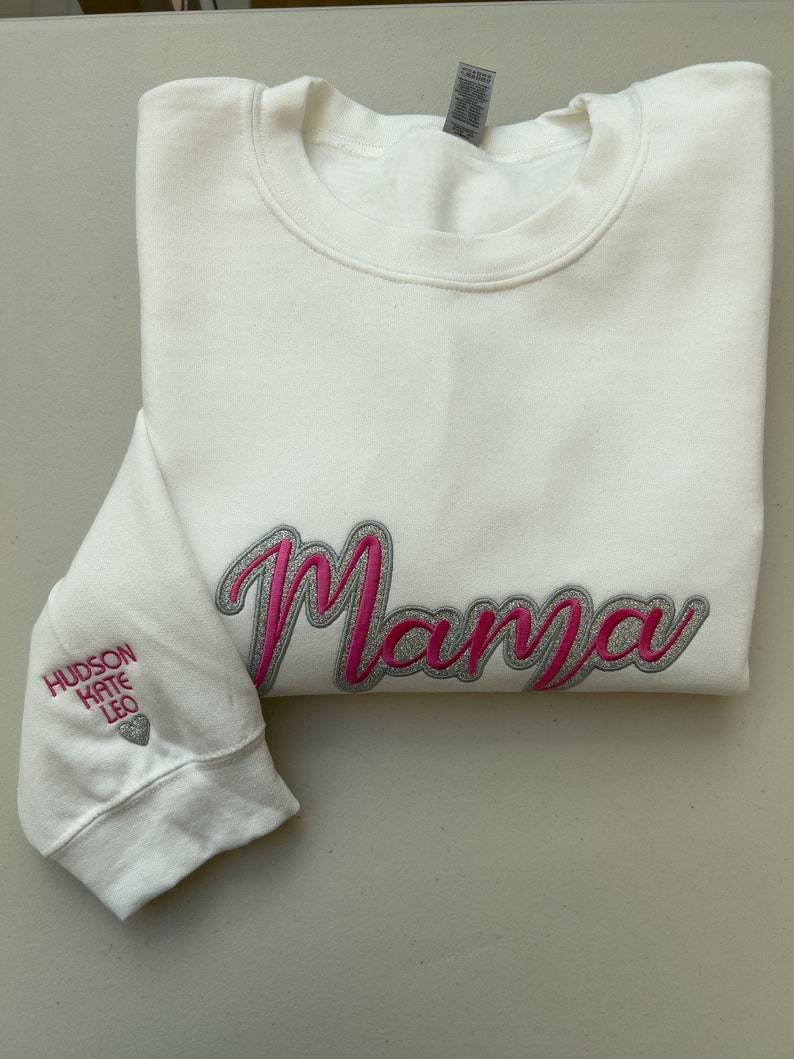 Custom MAMA Glitter Embroidered Sweatshirt With Kids Name On Sleeve