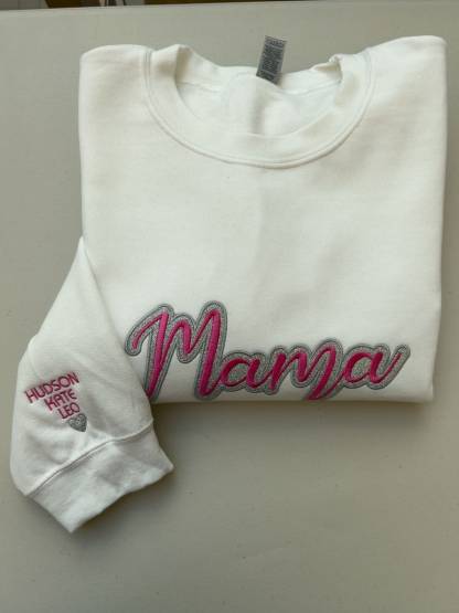 Custom MAMA Glitter Embroidered Sweatshirt With Kids Name On Sleeve