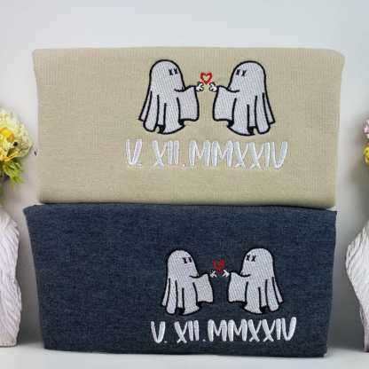 Custom Couple Ghost Halloween Embroidery Roman Numerals Shirt