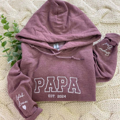 Custom Embroidered Papa Hoodie with Kids Names on Sleeve,Father's Day Gift