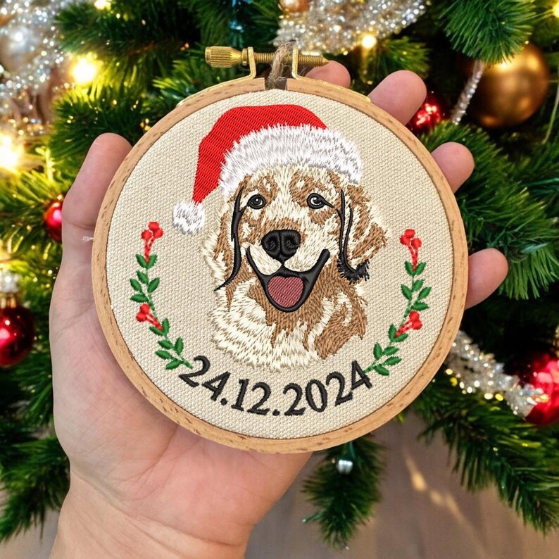 Embroidered Golden Retriever Christmas Ornament, Personalized Name Photo Golden Dog Christmas Decor