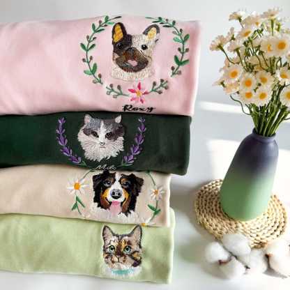 Custom Full Color Embroidered Hoodie/Sweatshirt With Pet Portrait Flower