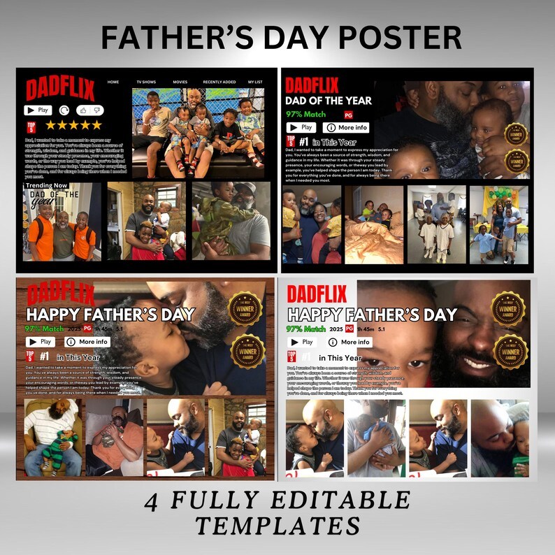 Editable Father's Day Gifts, A Fathers Love, Best Dad Ever, Dadflix Movie Photo Frame