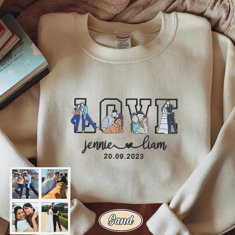 Custom Embroidered Couple Portrait Sweatshirt, Anniversary Gift