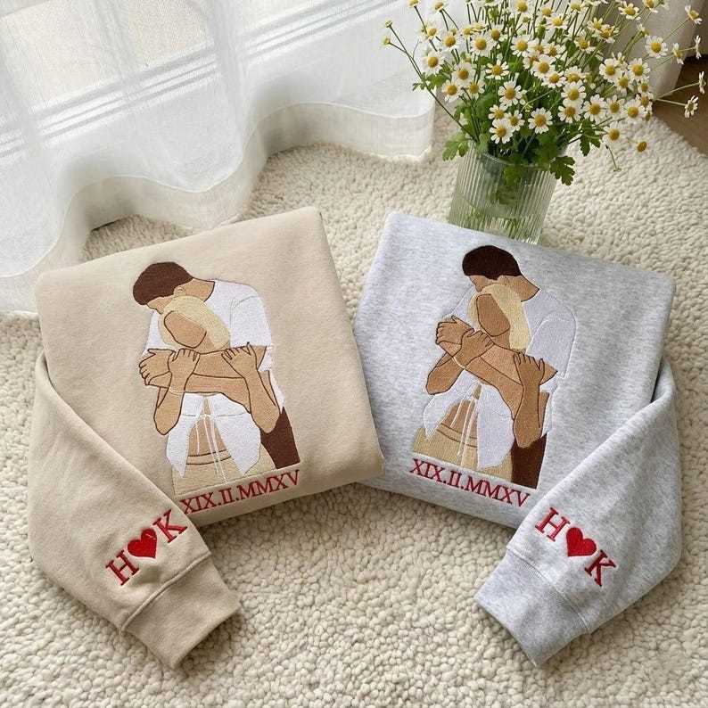Custom Embroidered Couple Sweatshirts With Portraits - Roman Numerals Can Be Added To The Bottom Of The Photo.