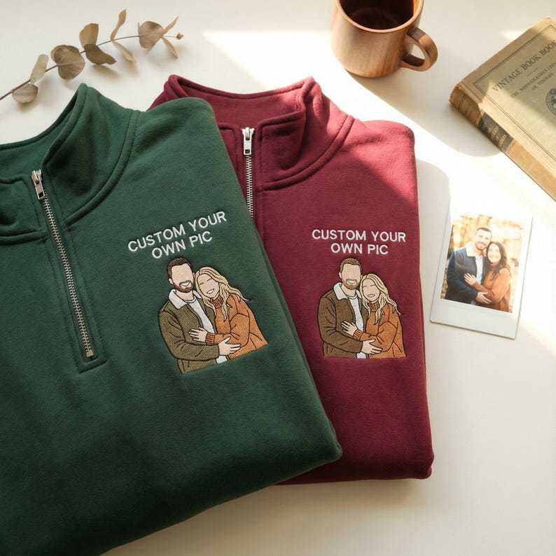 Custom Couple Photo Embroidery Quarter Zip Sweatshirt, Personalized Portrait Gift