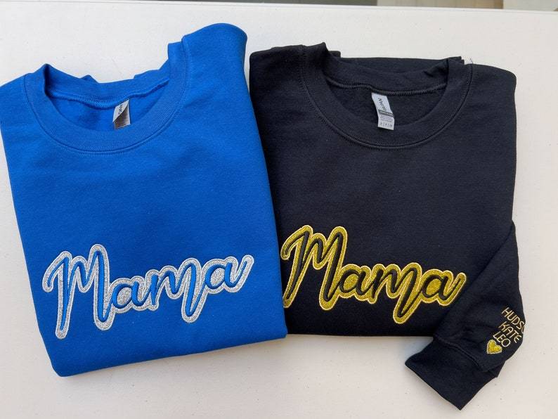 Custom MAMA Glitter Embroidered Sweatshirt With Kids Name On Sleeve