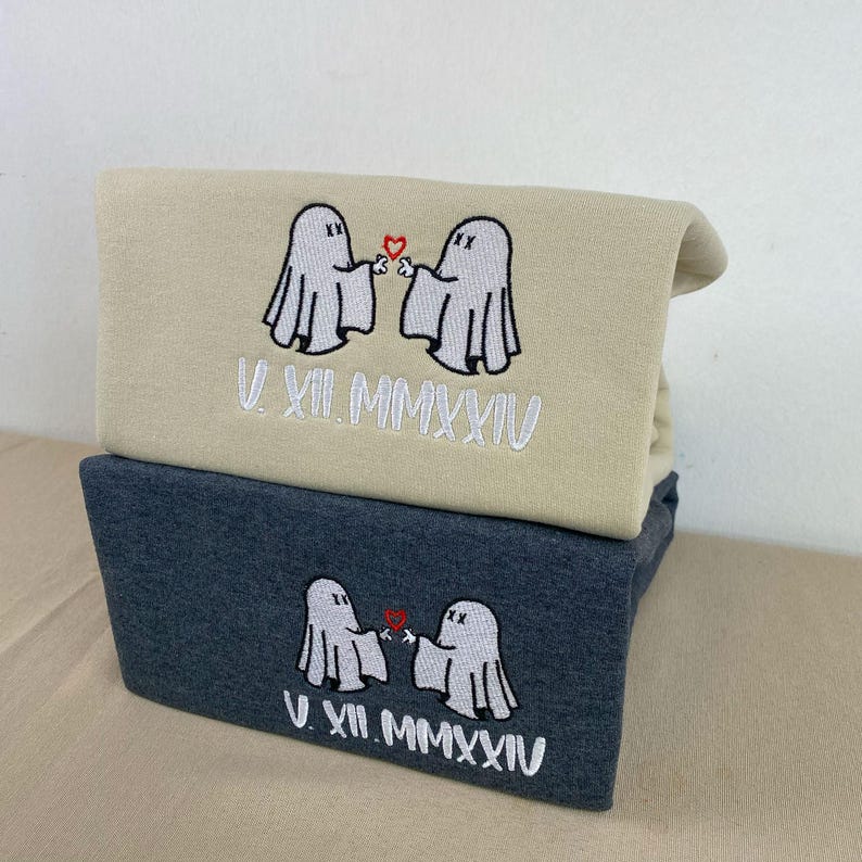 Custom Couple Ghost Halloween Embroidery Roman Numerals Shirt