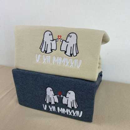 Custom Couple Ghost Halloween Embroidery Roman Numerals Shirt