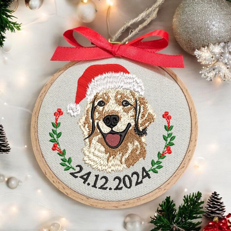 Embroidered Golden Retriever Christmas Ornament, Personalized Name Photo Golden Dog Christmas Decor