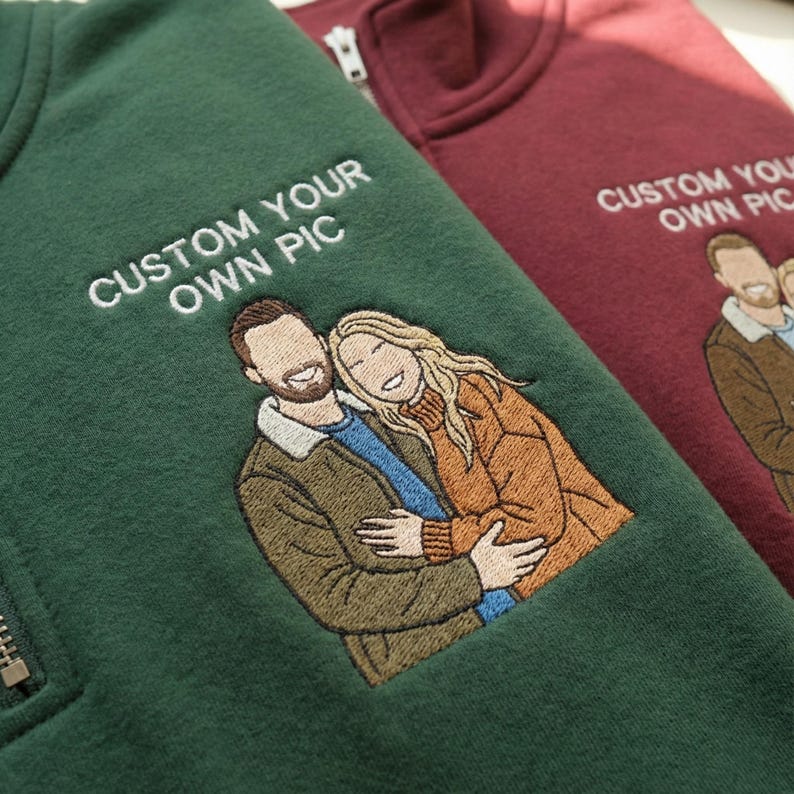 Custom Couple Photo Embroidery Quarter Zip Sweatshirt, Personalized Portrait Gift
