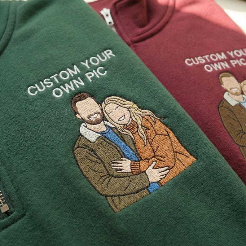 Custom Couple Photo Embroidery Quarter Zip Sweatshirt, Personalized Portrait Gift