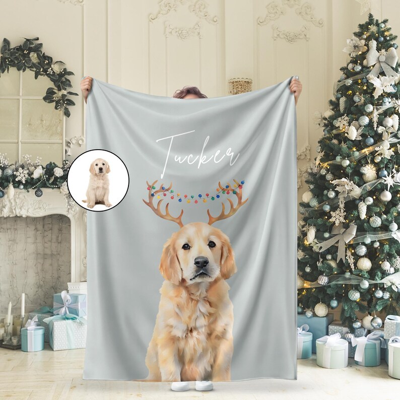 Personalized Watercolor Christmas Pet Portrait Photo Blanket