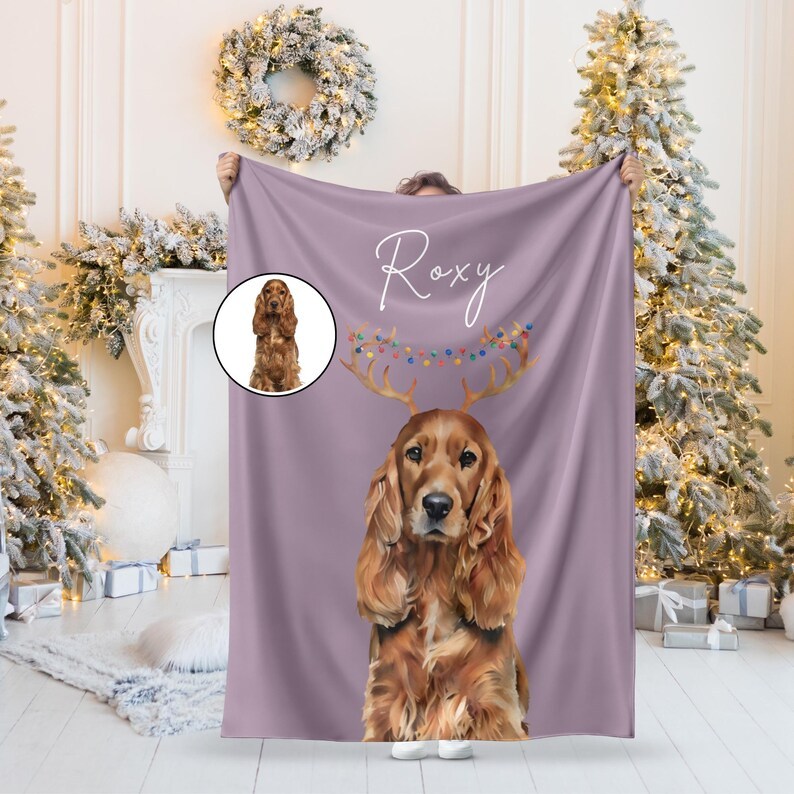 Personalized Watercolor Christmas Pet Portrait Photo Blanket