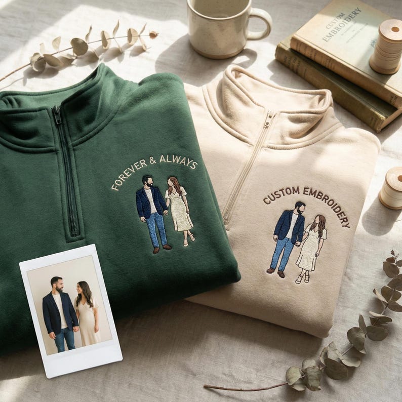 Custom Couple Photo Embroidery Quarter Zip Sweatshirt, Personalized Portrait Gift