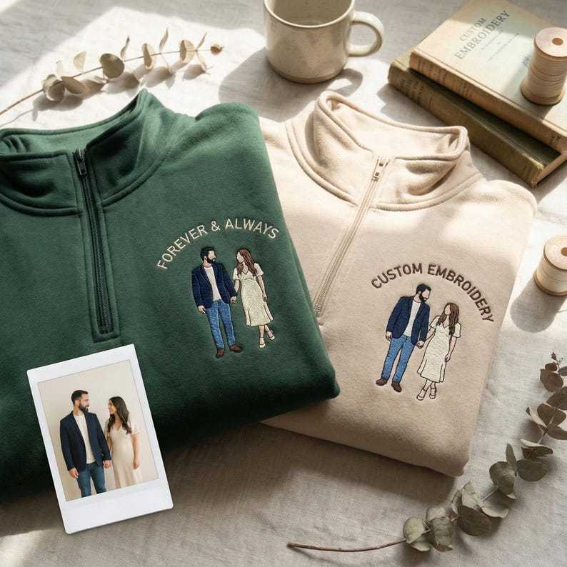 Custom Couple Photo Embroidery Quarter Zip Sweatshirt, Personalized Portrait Gift