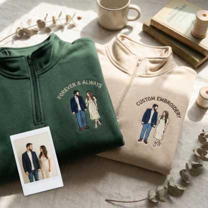 Custom Couple Photo Embroidery Quarter Zip Sweatshirt, Personalized Portrait Gift