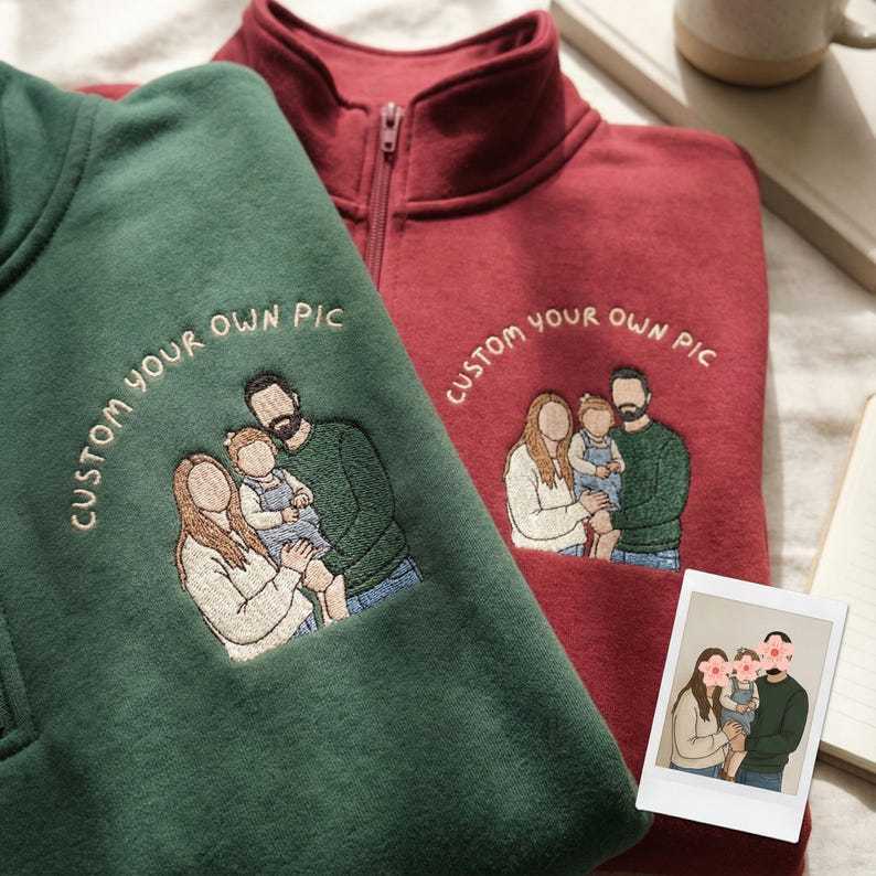 Custom Couple Photo Embroidery Quarter Zip Sweatshirt, Personalized Portrait Gift