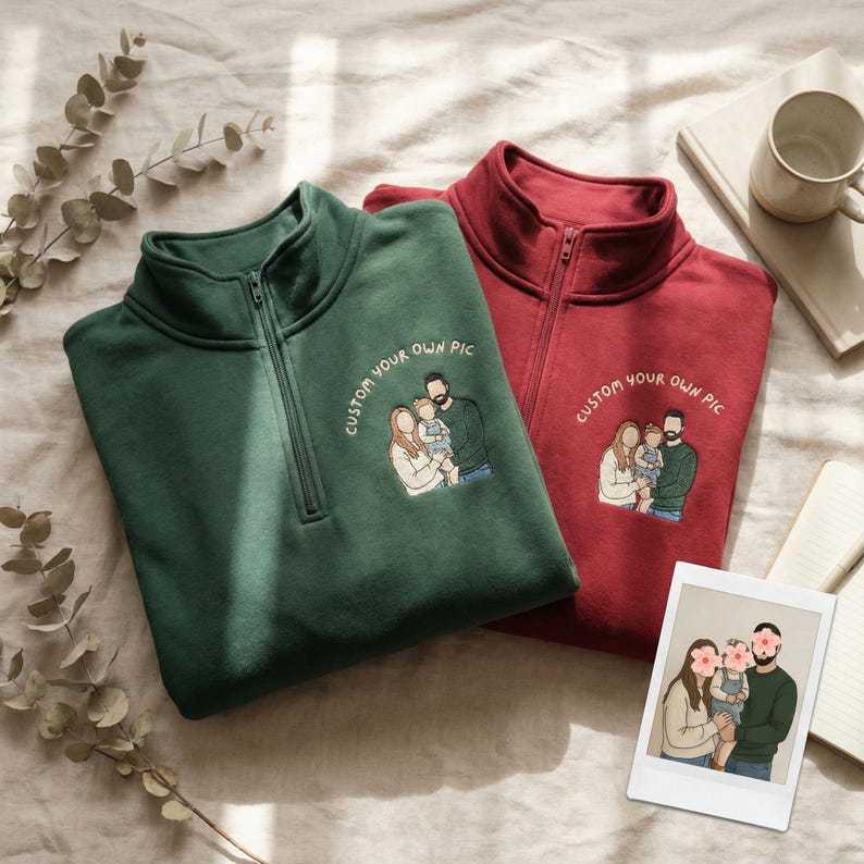 Custom Couple Photo Embroidery Quarter Zip Sweatshirt, Personalized Portrait Gift