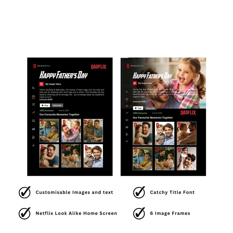 Father's Day Photo Frames - Editable DadFlix Movie Photo Frames, Father's Day Gifts