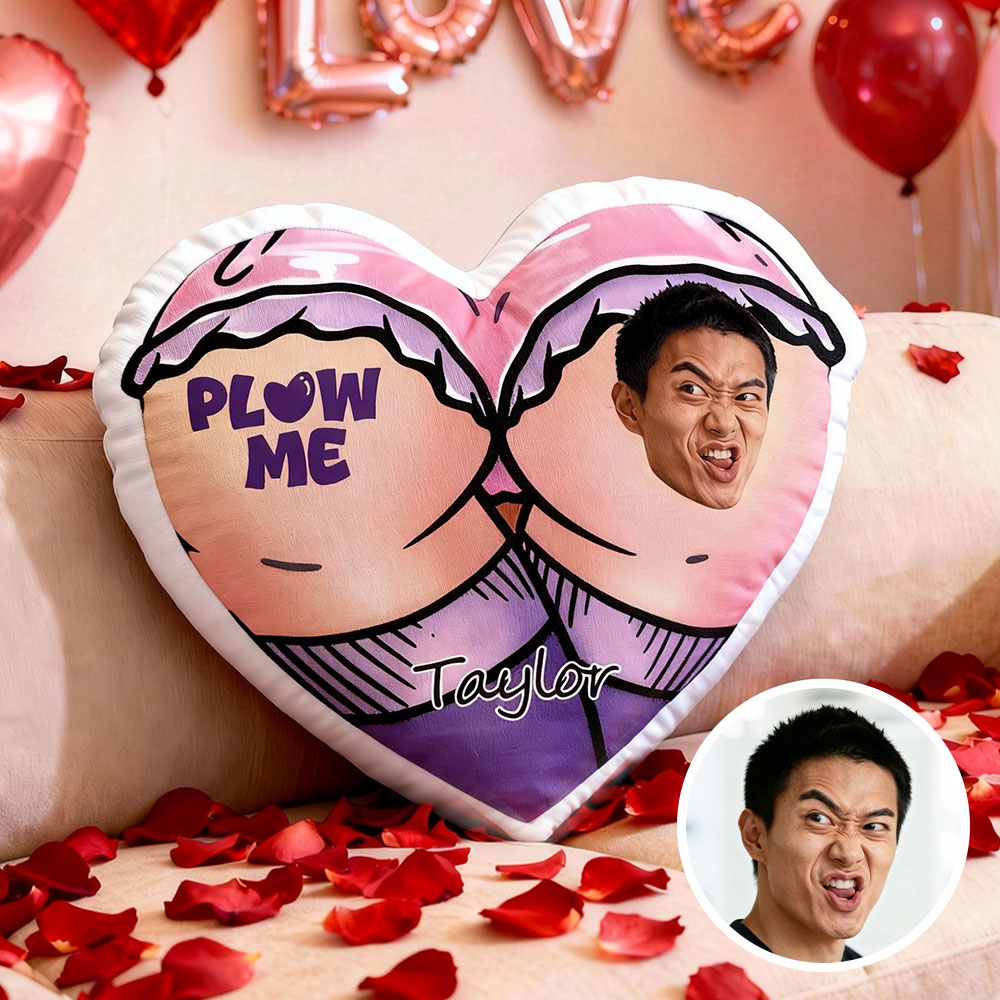 Customized Couple Photo Pillow – Red Heart-Shaped Personalized "Plow Me" Pillow, Valentine's Day Gift